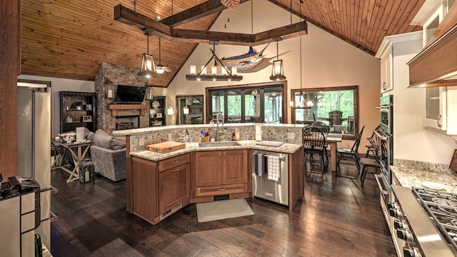 kitchen with high vaulted ceiling, wooden ceiling, stainless steel dishwasher, and a sink