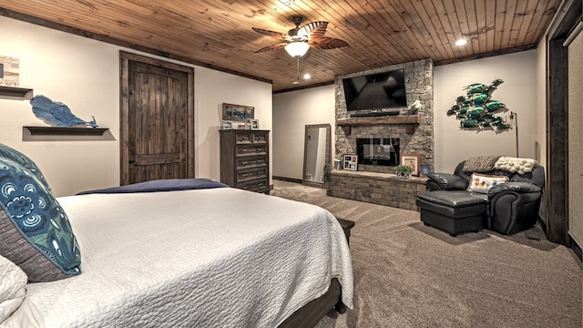 carpeted bedroom featuring wood ceiling, a fireplace, ceiling fan, and recessed lighting