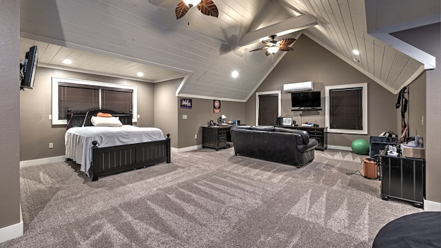 carpeted bedroom featuring baseboards, recessed lighting, and wooden ceiling