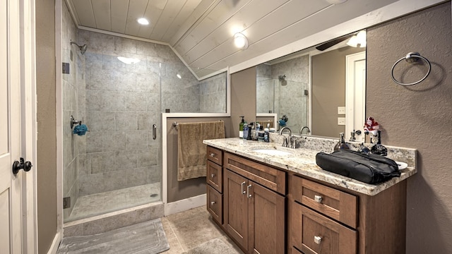full bathroom with a shower stall, vanity, recessed lighting, and wooden ceiling