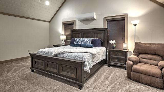 bedroom with vaulted ceiling, wooden ceiling, carpet floors, a wall unit AC, and baseboards