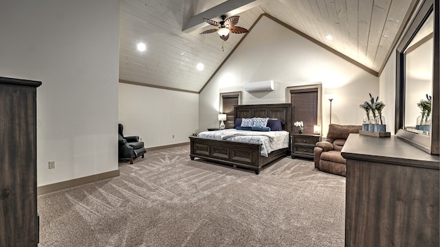 carpeted bedroom with an AC wall unit, baseboards, high vaulted ceiling, and recessed lighting