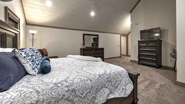 carpeted bedroom with wooden ceiling, baseboards, and lofted ceiling