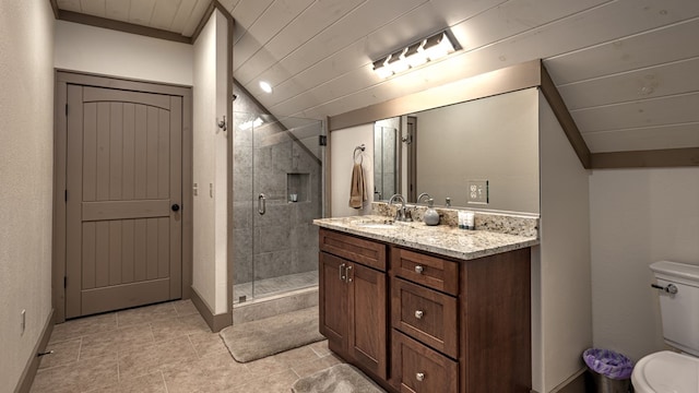 full bath with toilet, vanity, wooden ceiling, tile patterned flooring, and a shower stall