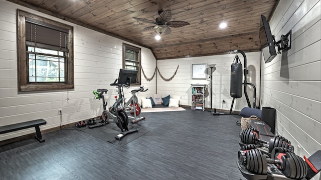 exercise room featuring ceiling fan and wood ceiling