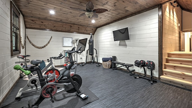 exercise room featuring wooden ceiling, ceiling fan, and wood finished floors