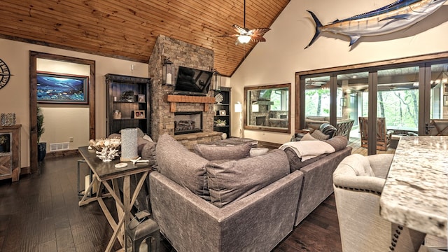 living room featuring high vaulted ceiling, dark wood-type flooring, a fireplace, ceiling fan, and wooden ceiling