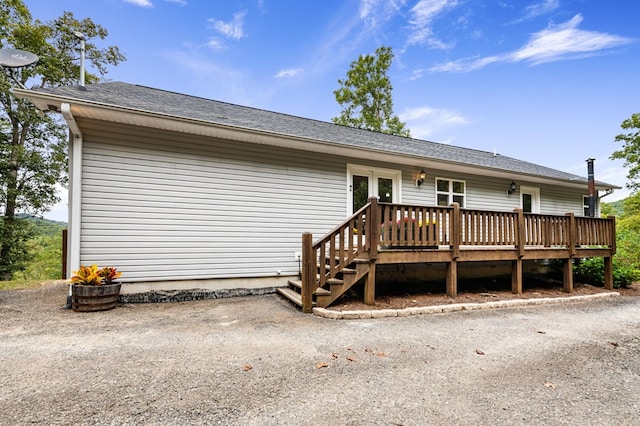 view of front of property with a deck and roof with shingles