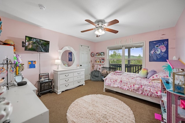 bedroom with carpet flooring, access to exterior, and a ceiling fan