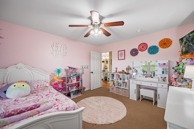 bedroom with carpet floors and a ceiling fan