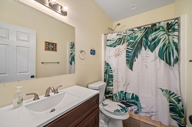 full bathroom with vanity, toilet, and a shower with shower curtain