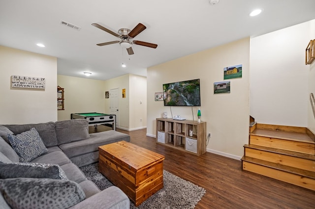 living area featuring dark wood finished floors, recessed lighting, a ceiling fan, billiards table, and baseboards