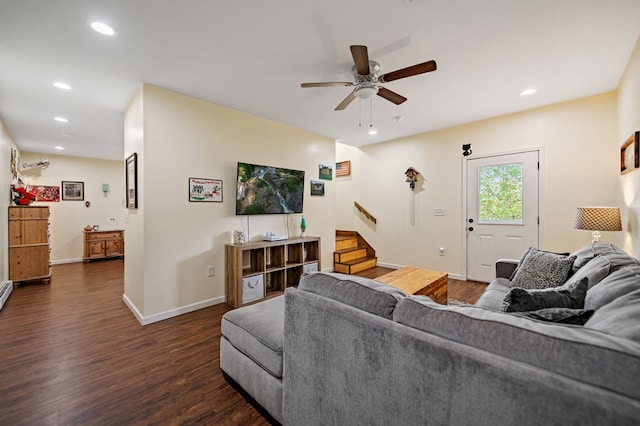 living area featuring stairs, dark wood-style floors, ceiling fan, recessed lighting, and baseboards