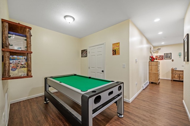 rec room featuring a baseboard radiator, wood finished floors, baseboards, recessed lighting, and billiards