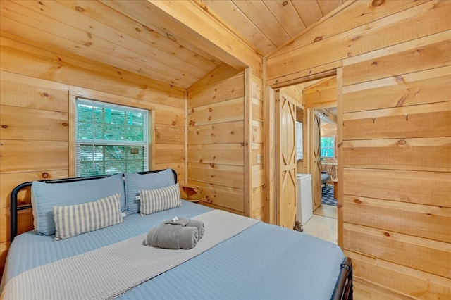 tiled bedroom featuring lofted ceiling with beams, wooden walls, and wooden ceiling