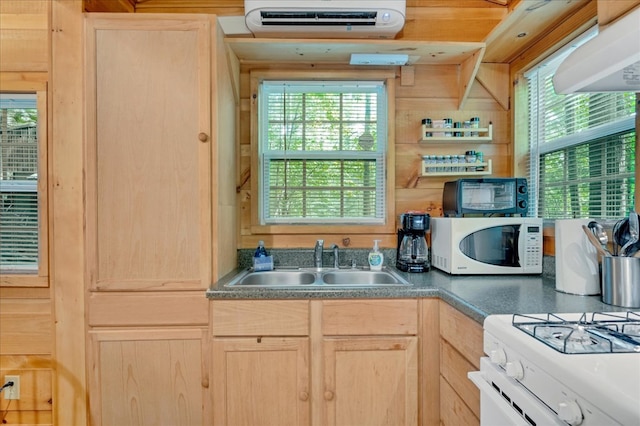 kitchen featuring white appliances, a wealth of natural light, and light brown cabinetry