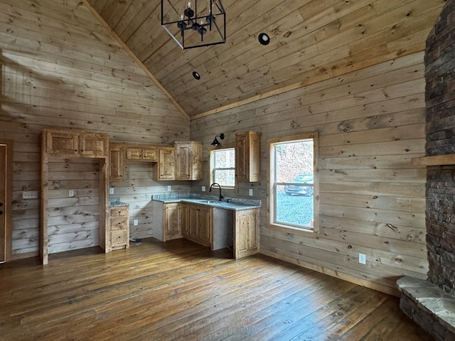 kitchen featuring hardwood / wood-style flooring, wooden walls, sink, and wooden ceiling