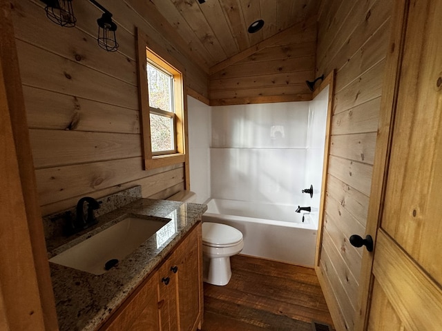 full bathroom featuring wood walls, wood-type flooring, lofted ceiling, vanity, and wood ceiling