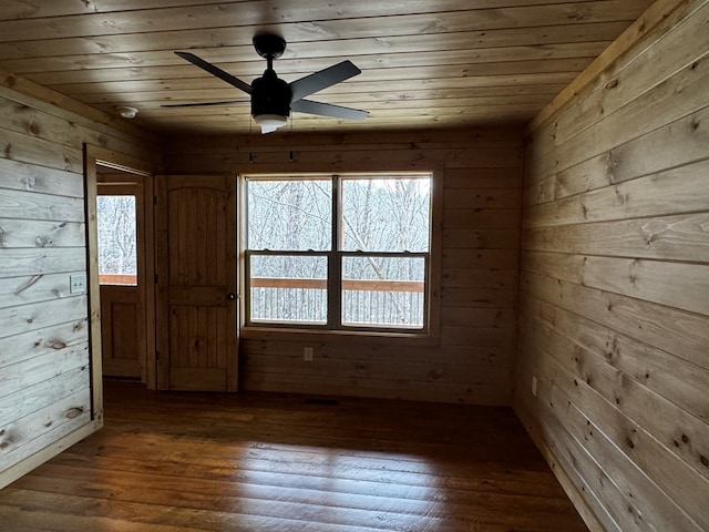 spare room featuring dark hardwood / wood-style flooring, wooden walls, ceiling fan, and wood ceiling