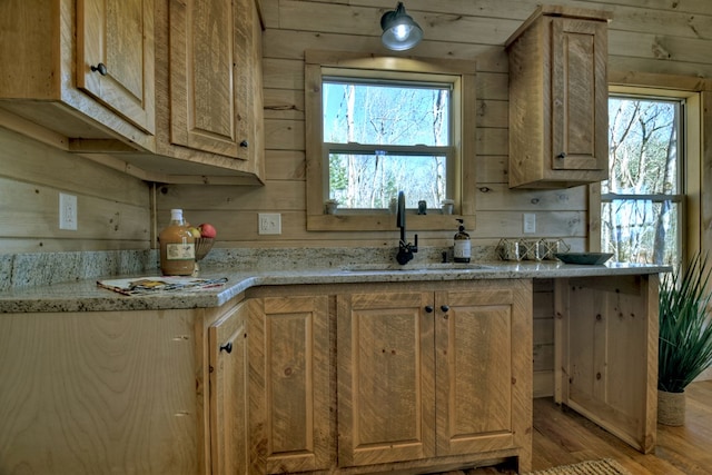 kitchen featuring light stone counters, wooden walls, light hardwood / wood-style floors, and sink