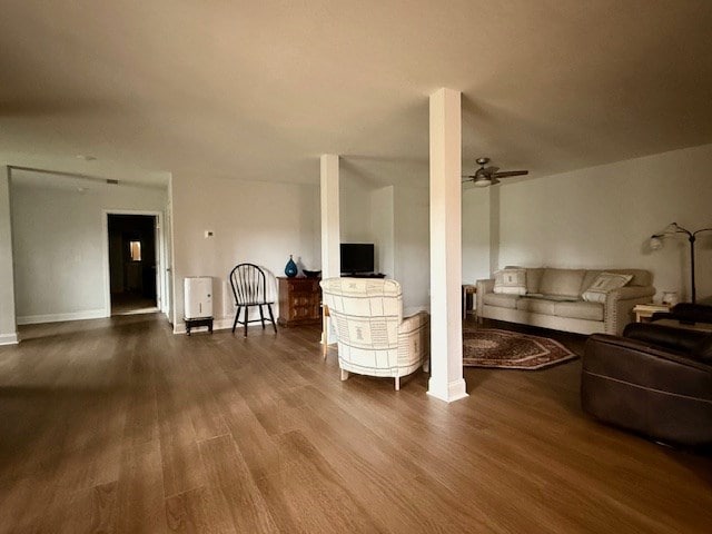 405 Lola Dr, Blairsville, GA 30512 - living area featuring wood finished floors, ceiling fan, and baseboards