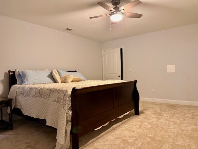 405 Lola Dr, Blairsville, GA 30512 - bedroom with light carpet, baseboards, and ceiling fan