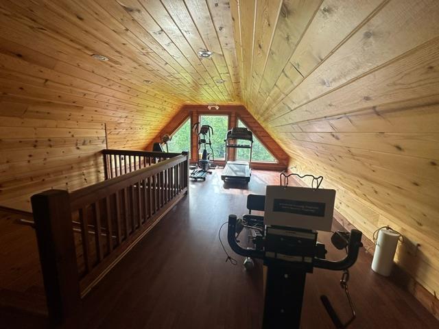 405 Lola Dr, Blairsville, GA 30512 - additional living space with wooden walls, wood ceiling, lofted ceiling, and wood finished floors