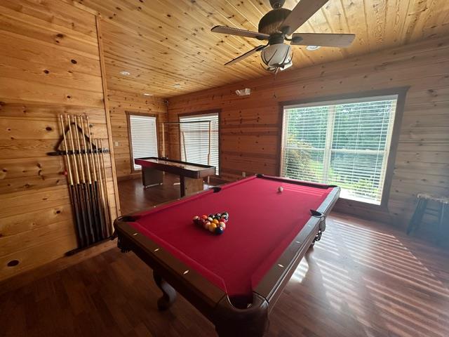 405 Lola Dr, Blairsville, GA 30512 - playroom featuring wood walls, billiards, wood finished floors, a ceiling fan, and wood ceiling