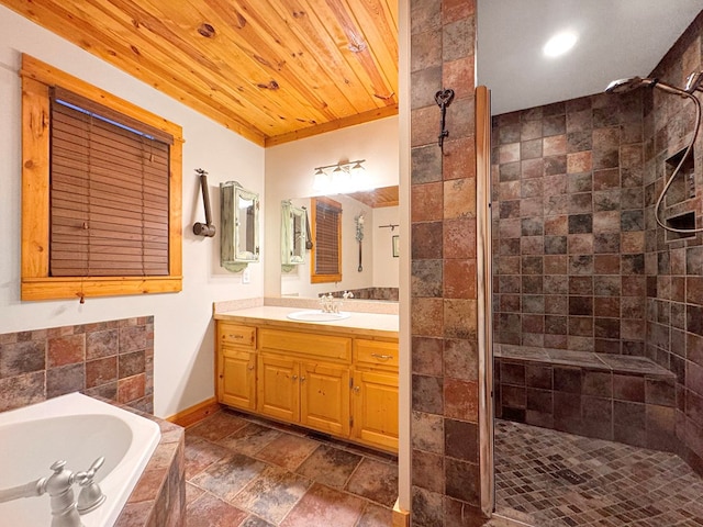 bathroom featuring vanity, baseboards, a stall shower, wooden ceiling, and a bath