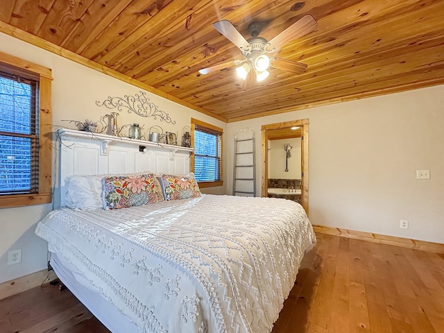 bedroom with ceiling fan, wooden ceiling, baseboards, and hardwood / wood-style floors