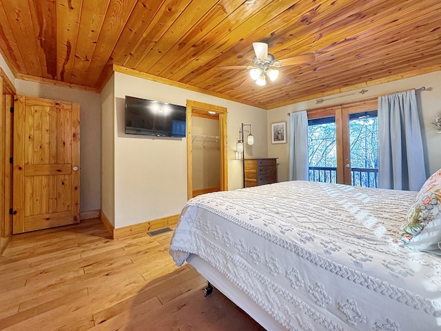 bedroom featuring visible vents, access to outside, french doors, light wood-style floors, and wooden ceiling