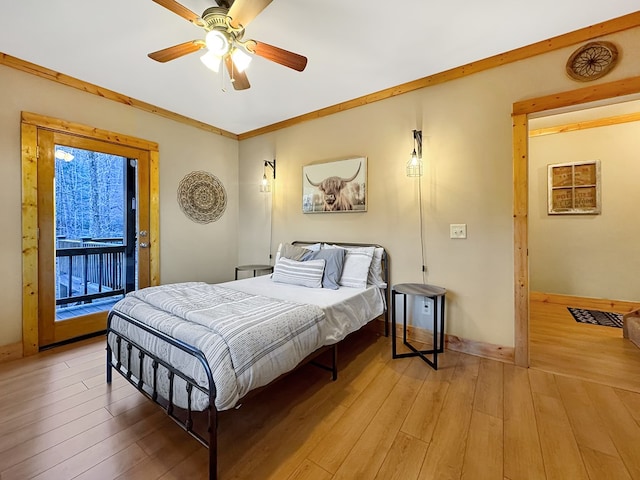 bedroom with access to outside, crown molding, light wood finished floors, baseboards, and ceiling fan