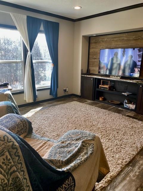 home theater featuring hardwood / wood-style flooring and ornamental molding