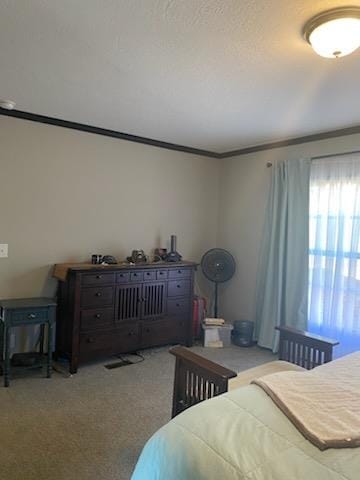 carpeted bedroom with radiator and crown molding