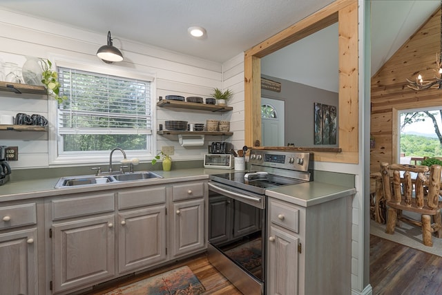 kitchen with dark hardwood / wood-style flooring, wood walls, stainless steel electric range oven, gray cabinets, and sink