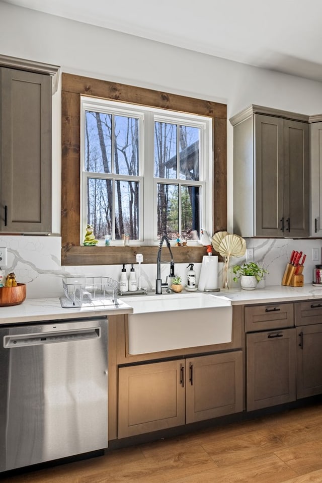 kitchen with tasteful backsplash, a sink, light wood-type flooring, and stainless steel dishwasher