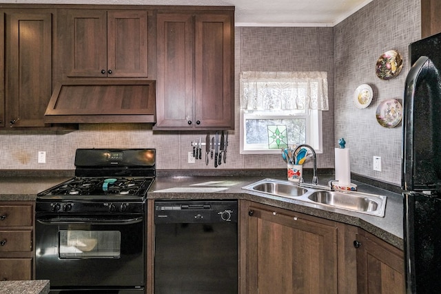 kitchen featuring backsplash, sink, extractor fan, and black appliances