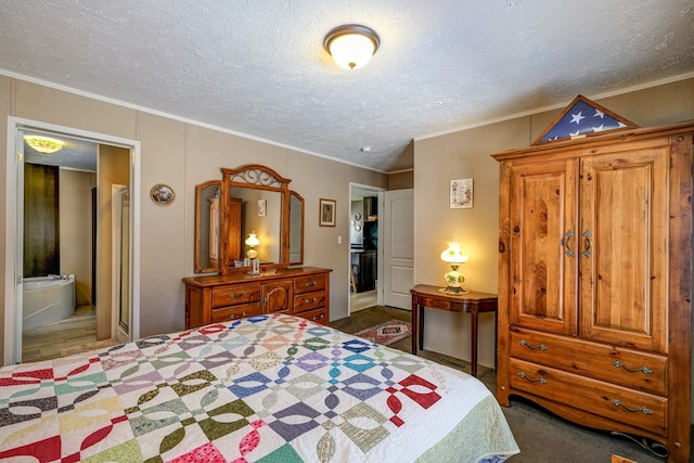 bedroom with crown molding and a textured ceiling