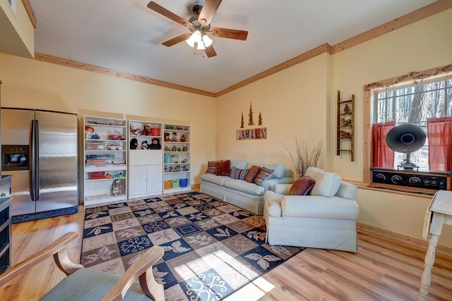 149 Pinecrest Ct, Ellijay, GA 30540 - living area featuring a ceiling fan, wood finished floors, and ornamental molding