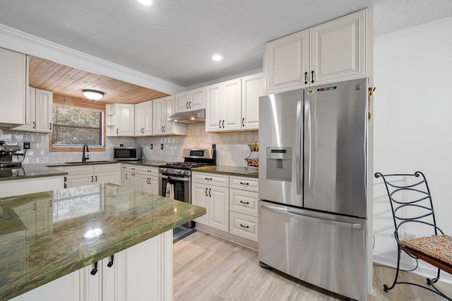 kitchen featuring under cabinet range hood, dark stone counters, appliances with stainless steel finishes, and a sink