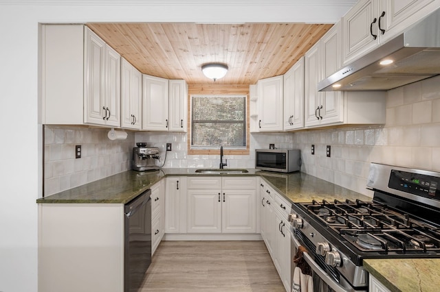 kitchen featuring under cabinet range hood, a sink, appliances with stainless steel finishes, white cabinets, and decorative backsplash