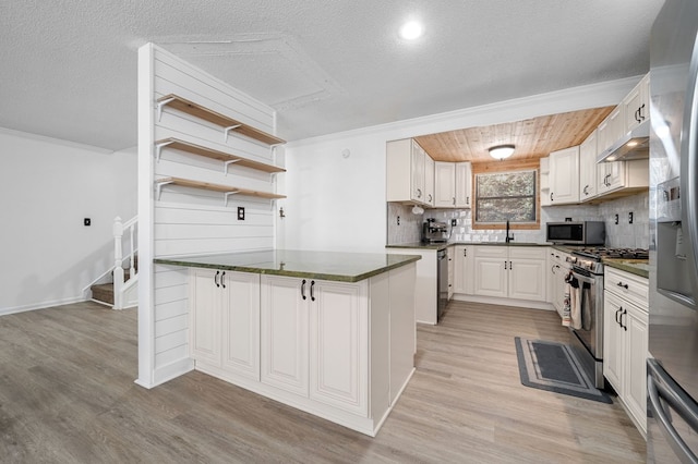 kitchen featuring a peninsula, light wood-style flooring, a sink, stainless steel appliances, and backsplash