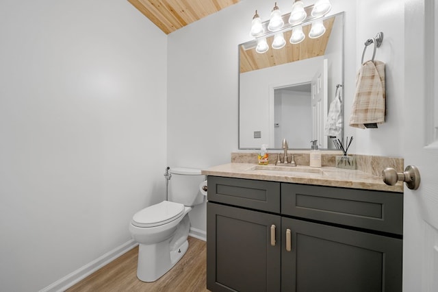 half bath featuring toilet, wood finished floors, wooden ceiling, baseboards, and vanity