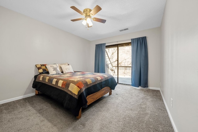 carpeted bedroom featuring a ceiling fan, baseboards, visible vents, access to exterior, and a textured ceiling