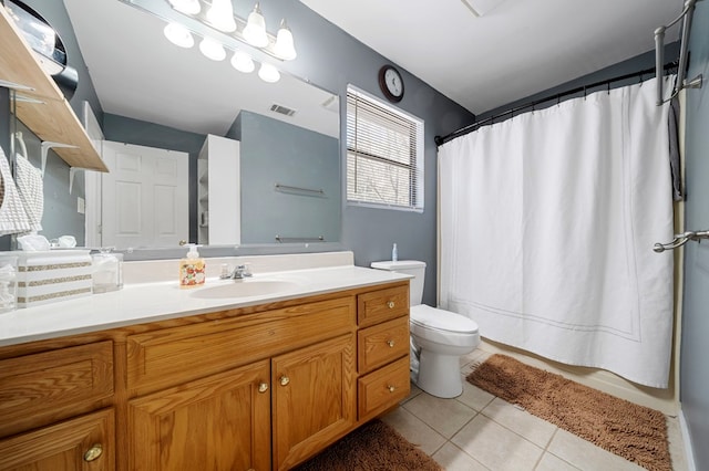 full bathroom with tile patterned flooring, visible vents, toilet, and vanity