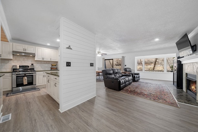 kitchen featuring a premium fireplace, under cabinet range hood, stainless steel gas range oven, open floor plan, and backsplash