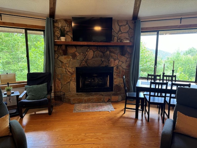 living room with a fireplace, a textured ceiling, hardwood / wood-style floors, and a healthy amount of sunlight