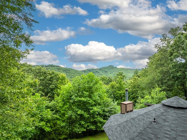 view of mountain feature with a forest view