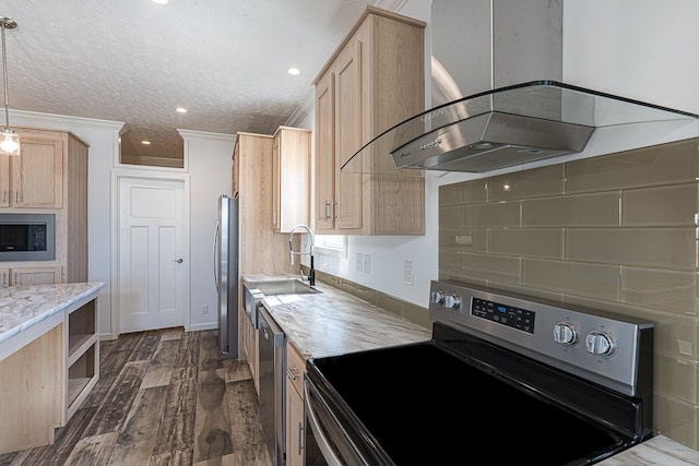 kitchen with light brown cabinetry, sink, stainless steel appliances, dark wood-type flooring, and wall chimney range hood