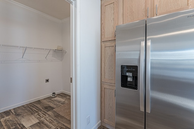 washroom featuring ornamental molding, dark hardwood / wood-style floors, and hookup for an electric dryer